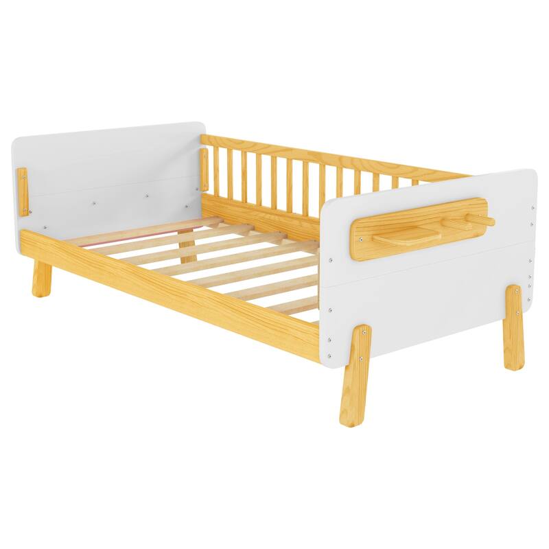 Kids Wood Platform Bed with Guardrails, Bottle Holder and 2 Hanging Rod, Convertible Toddler Daybed, Low Profile Design Frame
