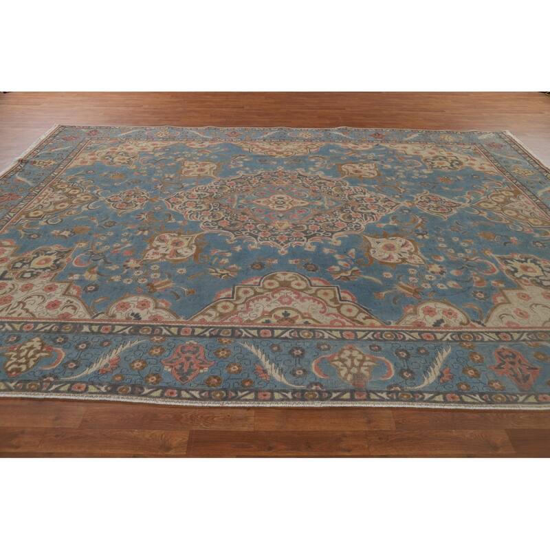 Distressed Blue Tabriz Persian Antique Area Rug Handmade Wool Carpet - 9'3" x 12'8"
