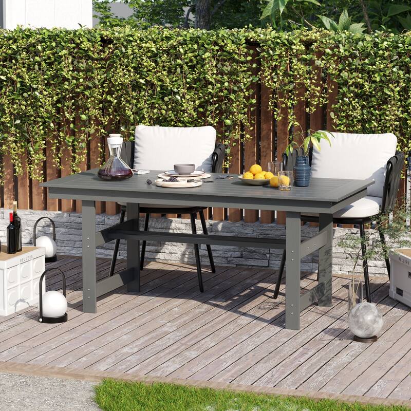 70.9" Outdoor Dining Table with Umbrella Hole, HDPE All Weather Patio Table Waterproof UV Resistant Rectangular Dining Table - Grey