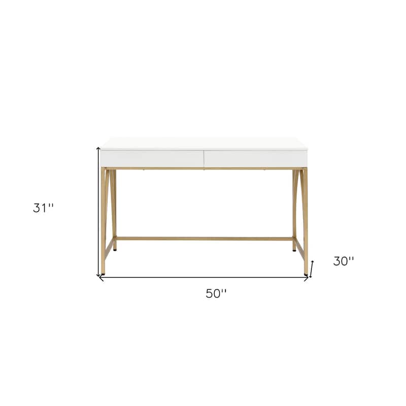 50" White and Gold Writing Desk With Two Drawers