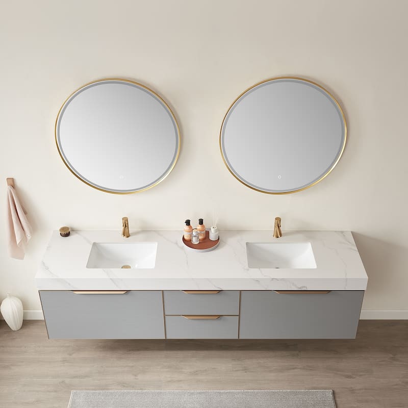 Alicante 84" Double Vanity in Grey with Sintered Stone Top, Mirror