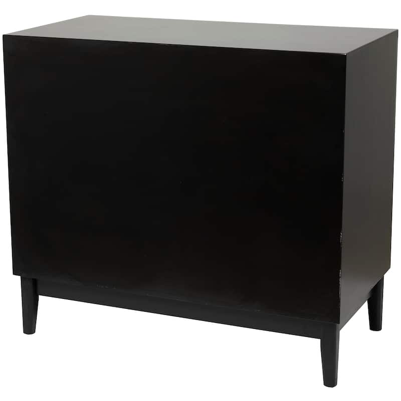 Black Wood 3 Drawer Cabinet with Cane Front Drawers and Gold Handles