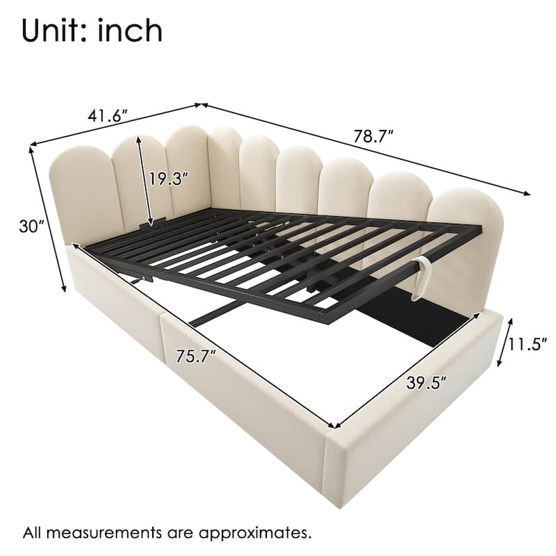 Roomfitters Upholstered Twin Size Ottoman Daybed with Storage, Sofa Bed with Metal Slat Frame, Velvet
