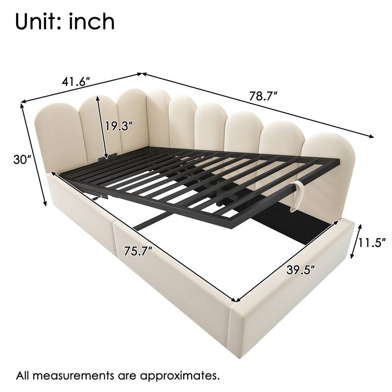 Velvet Upholstered Daybed with Hydraulic Storage, Twin Size Sofa Bed, Metal Slatted Frame, Beige