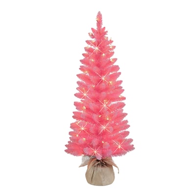 Puleo International 4 ft Pre-Lit Pink Artificial Tree in Burlap Sac 146 Tips 70 Clear Lights