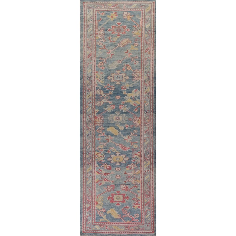 Vegetable Dye Oushak Turkish Runner Rug Handmade Floral Wool Carpet - 3'1"x 12'10"