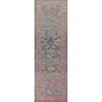 Vegetable Dye Oushak Turkish Runner Rug Handmade Floral Wool Carpet - 3'1"x 12'10"