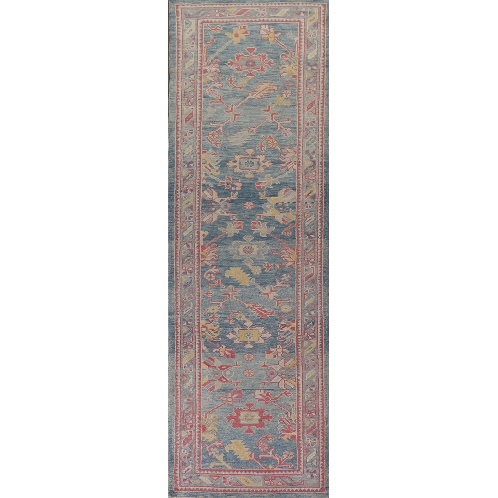 Vegetable Dye Oushak Turkish Runner Rug Handmade Floral Wool Carpet - 3'1"x 12'10"