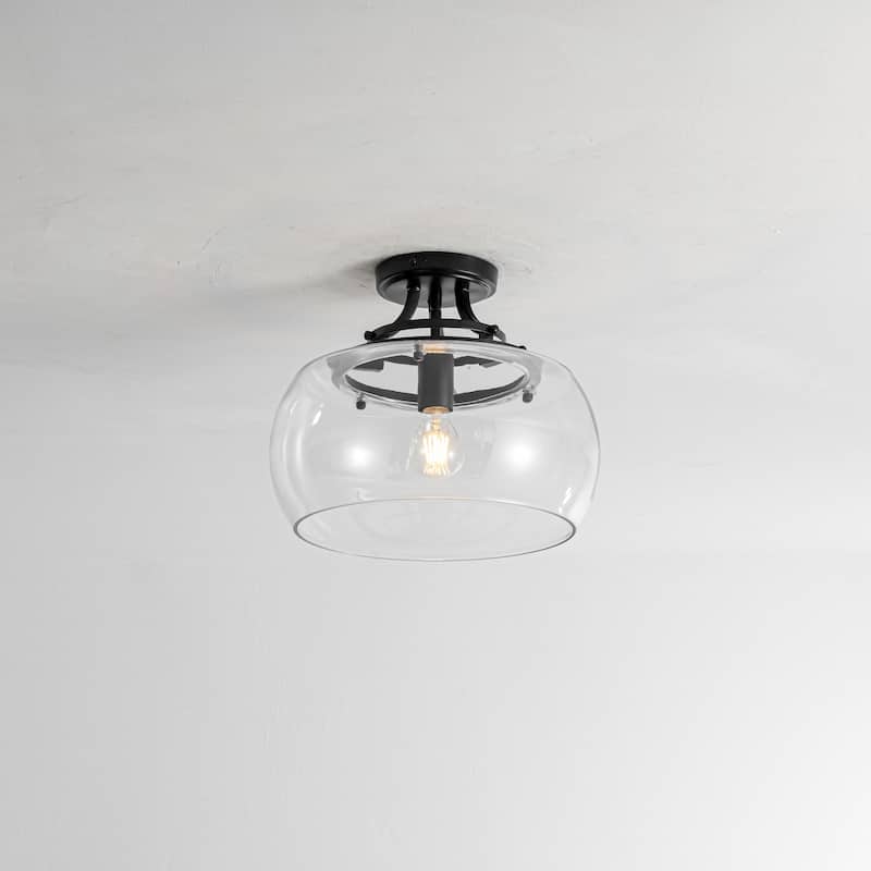 1-Light 13.8" W Modern Schoolhouse Matte Black Semi-Flush Mount Ceiling Light with Clear Dome Glass Shade for Bedroom