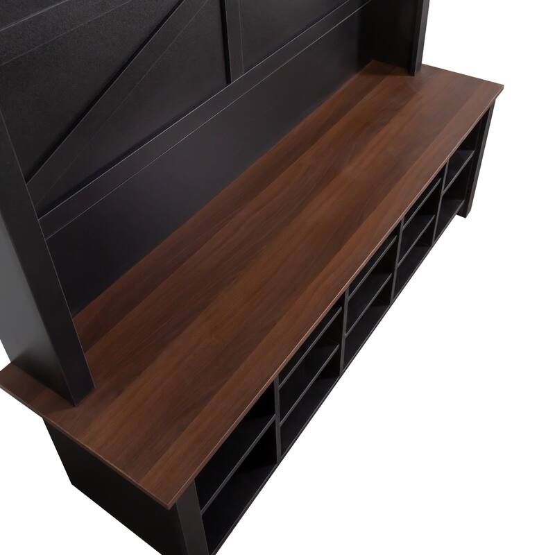 Farmhouse 4-in-1 Hall Tree with 6 Hooks, Entryway Bench with Shelves, Wooden Style Shoe Organizer with 16 Open Compartments