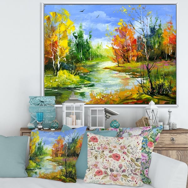 slide 2 of 11, Designart 'Autumn Landscape With The Wood River' Lake House Framed Canvas Wall Art Print