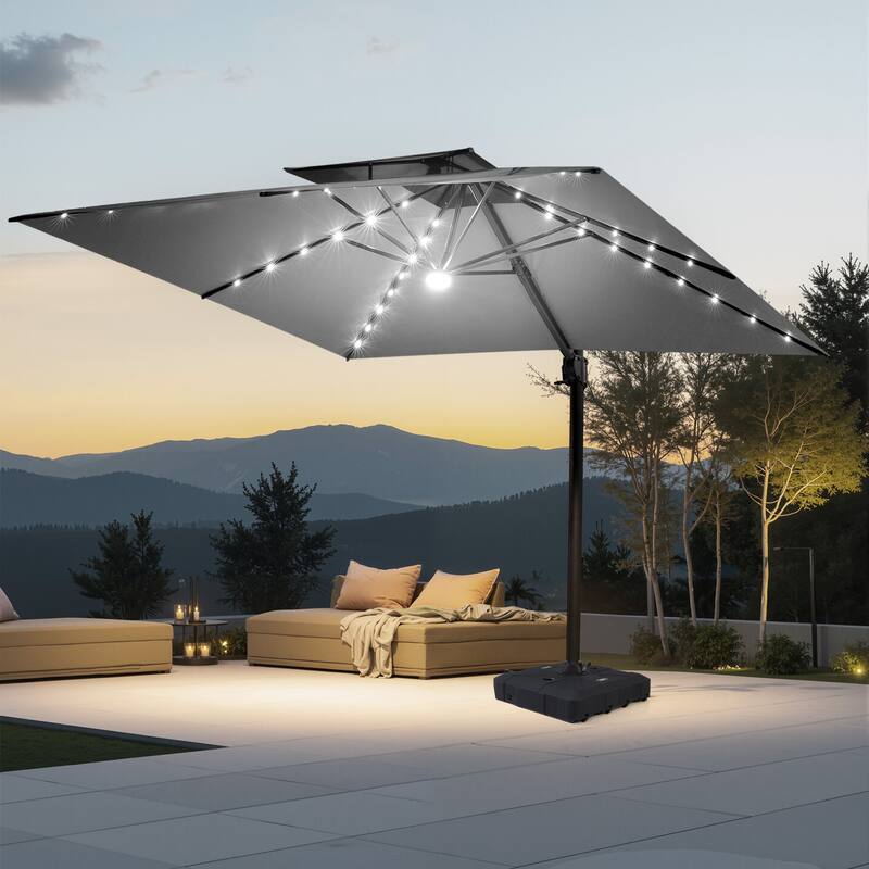 VredHom 11X11 FT Outdoor Square Cantilever Patio Aluminum Umbrella Solar LED Light with Wheel Base - DarkGrey