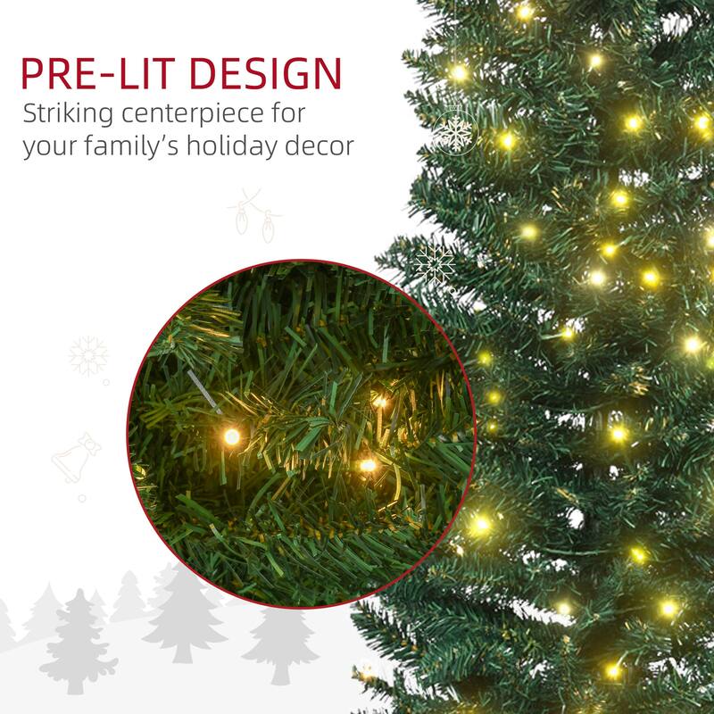 HOMCOM 7ft Tall Pre-Lit Slim Noble Fir Artificial Christmas Tree with Realistic Branches, 200 Warm White LED Lights, Green