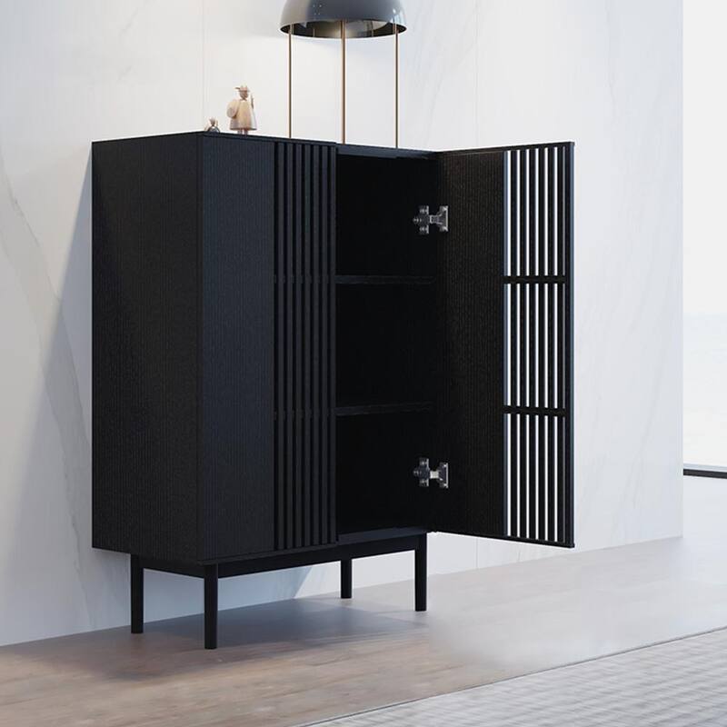 35.43'' Minimalist Side Cabinet，6 Compartments, Hollow-out Design, Solid Wood Veneer, Metal Legs, Black Accent Chest - 35.43