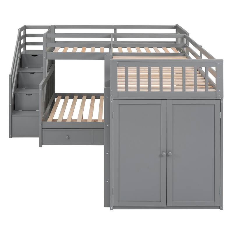 L-Shaped Bunk Bed with Storage Stairs, Fold Desk, Wardrobe, Twin - Twin Over Full Bed with Pull-out Underneath Storage Drawers