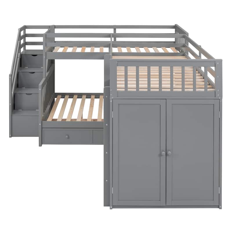 L-Shaped Twin-Twin Over Full Bunk Bed with Drawers, Desk, and Wardrobe in Gray