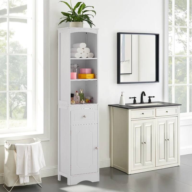 Wooden Freestanding Tall Bathroom Storage Linen Cabinet - White