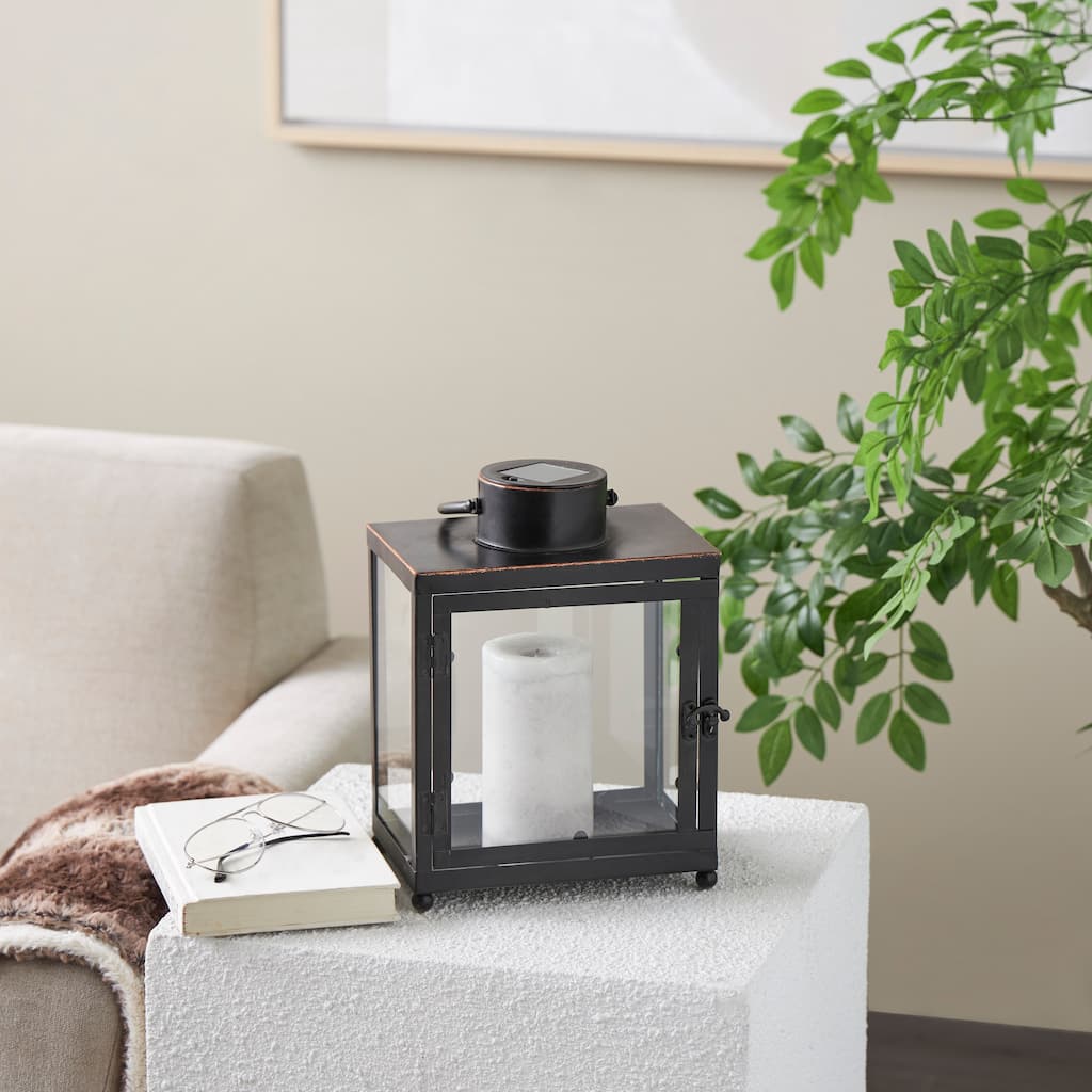 Black Metal Modern Indoor Outdoor Candle Lantern with Gold Accents