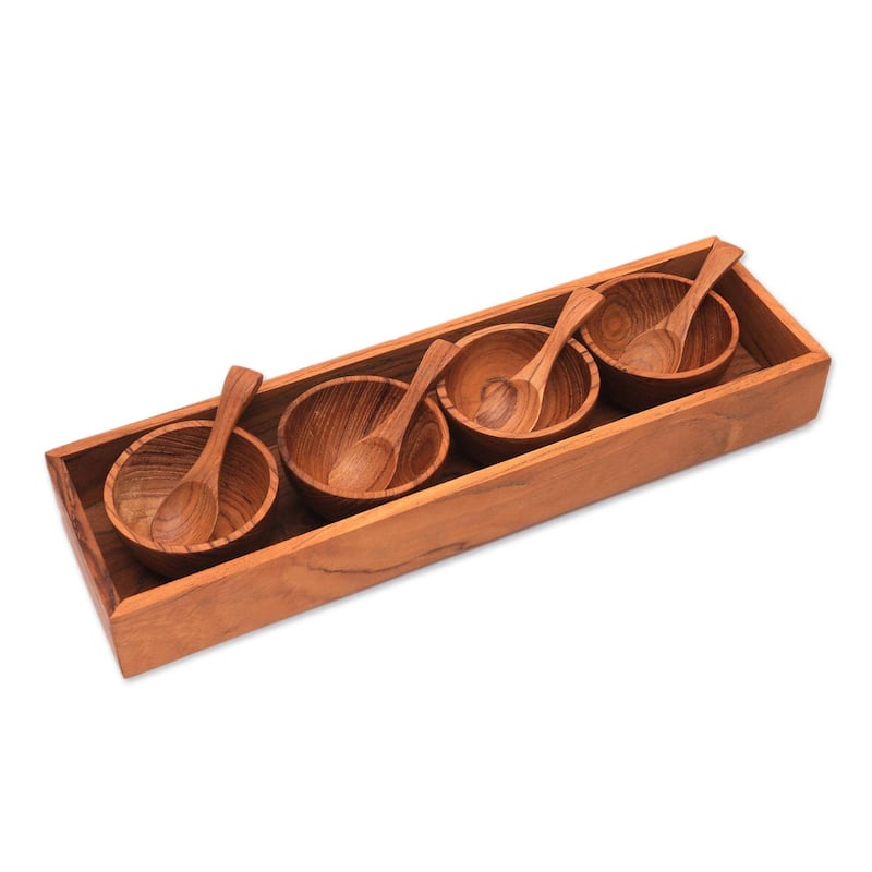 NOVICA Handmade Date Night Wood Condiment Set (9 Piece) Indonesia - 1.2" H x 2.4" Diam.