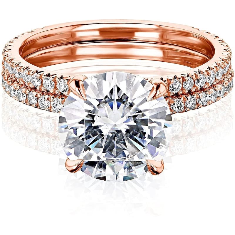 Kobelli 3.25 Carats Moissanite & Lab Grown Diamond 14k Solid Gold Wrap Basket Near Eternity French Pavé Lumière 2pc Bridal Set - 4 - Rose