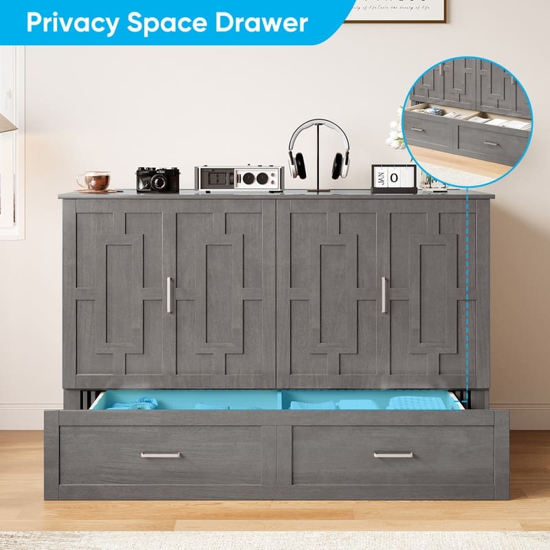 Mixoy Queen Modern Murphy Bed Chest with Mattress,Storage Drawer,Charging Station