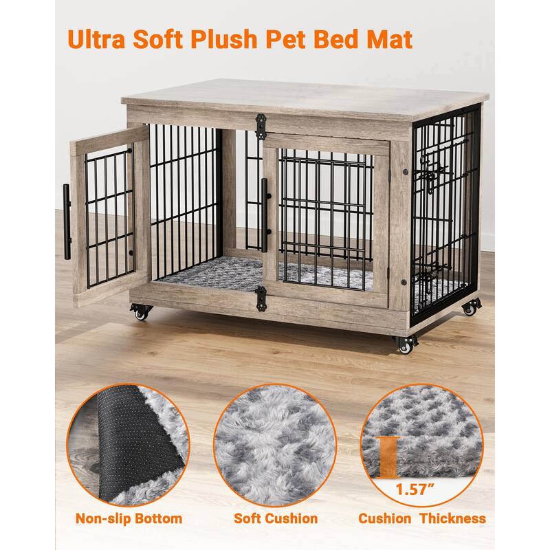Dog Crate Furniture with Cushion Double Doors Wooden Dog Kennel
