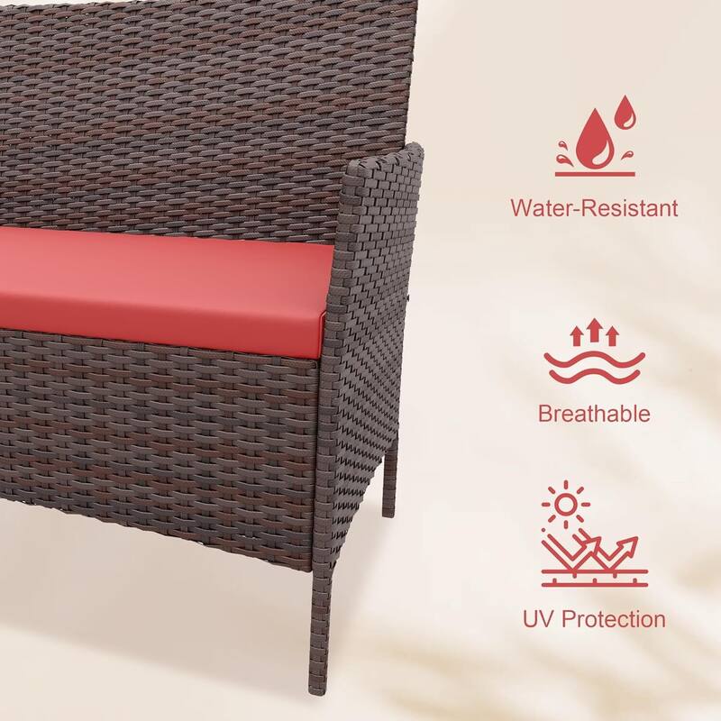 Patio furniture set, 4 piece outdoor rattan sofa with red cushions - N/A
