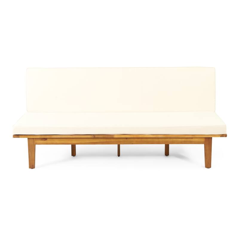 Roomfitters Adjustable Outdoor Wooden Bench with Slatted Backrest and Mid-Century Modern Design, Beige+Teak