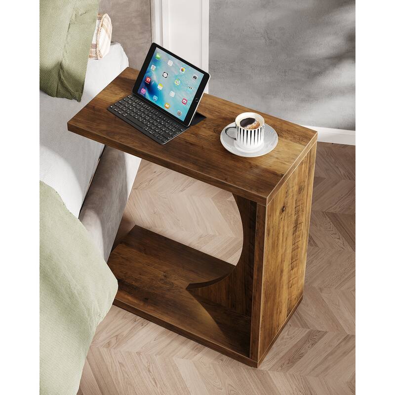 Wood 2-Tier C-Shaped End Side Sofa Couch Table for Small Space