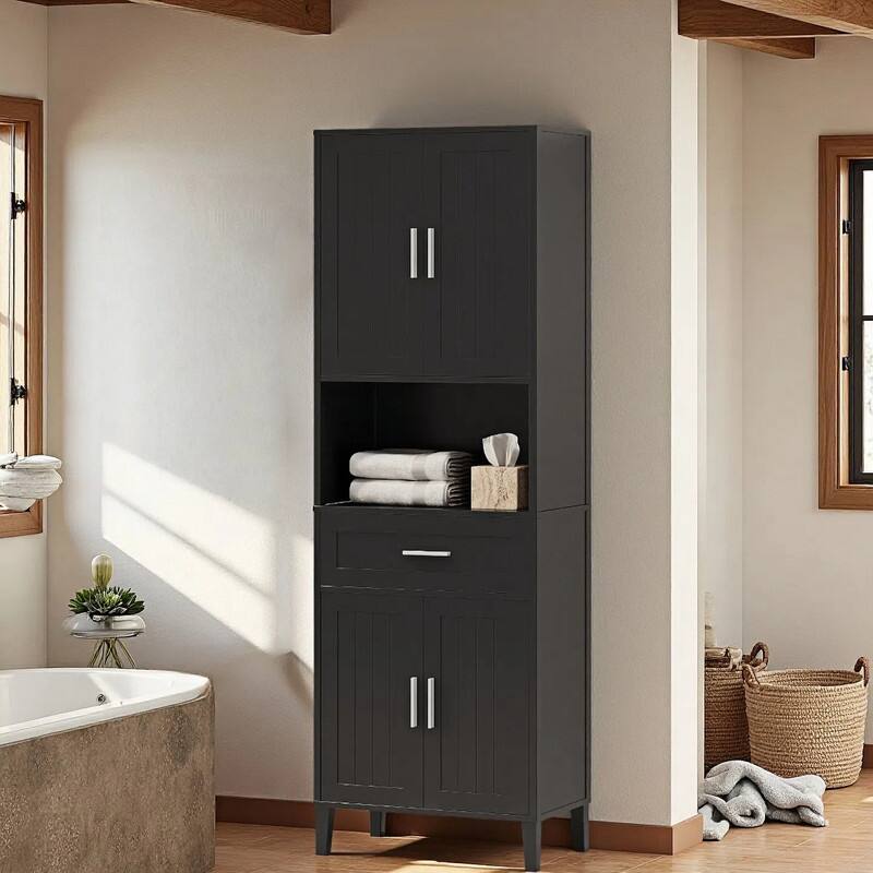 Bathroom Storage Cabinet Tall, 70.9" Cabinet Freestanding, Bathroom Pantry with Drawer, 2 Adjustable Shelves, Open Storage - Black