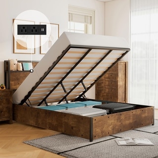 Queen Lift Up Storage Bed, Wood Platform Bed Frame w/ Storage Headboard & Charging Station, No Box Spring Needed, Easy Assembly