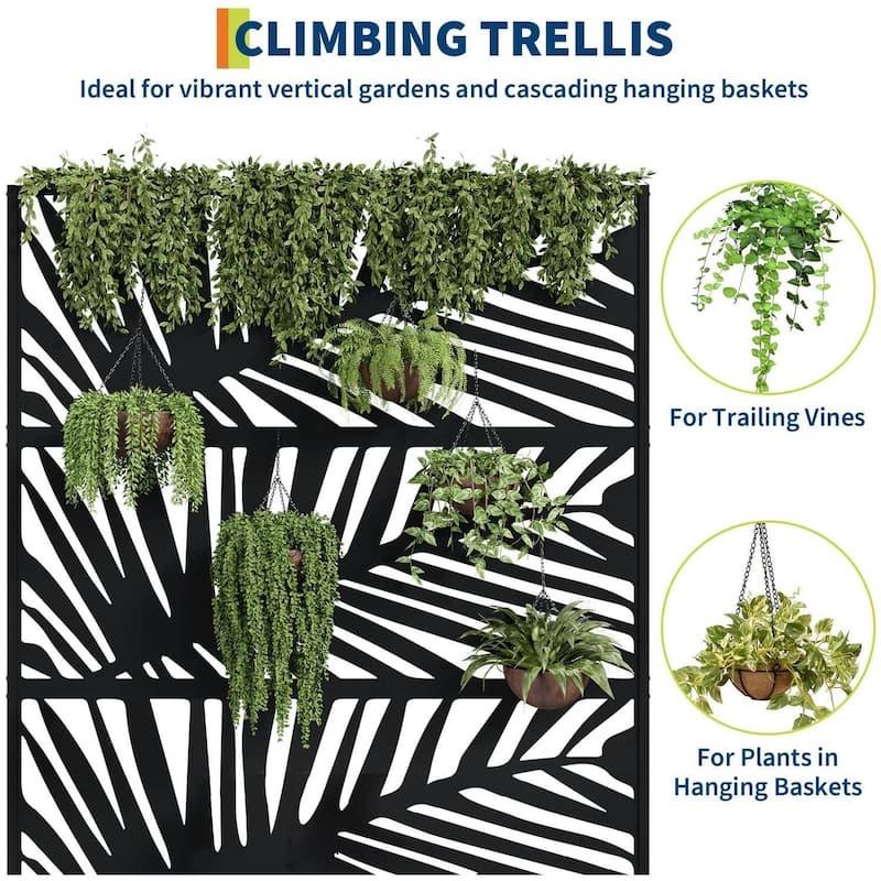 Metal Privacy Screen Planter Box, Raised Garden Bed for Climbing Plants, Veggies, Palm Leaf Style With Wheels