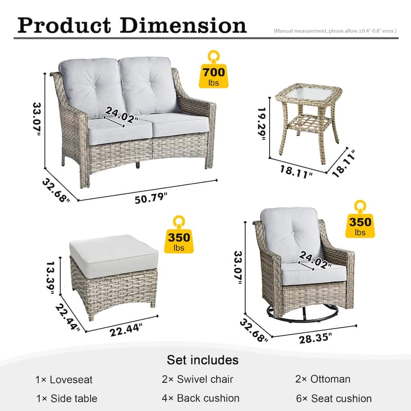 HOOOWOOO 6-piece Wicker Furniture Patio Loveseat Sofa Conversation Set with Swivel Chair