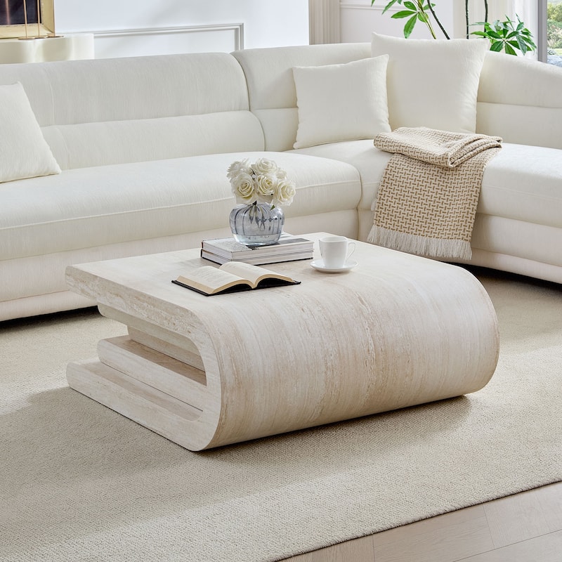 33.86" Modern Square Faux Travertine Pattern Coffee Table