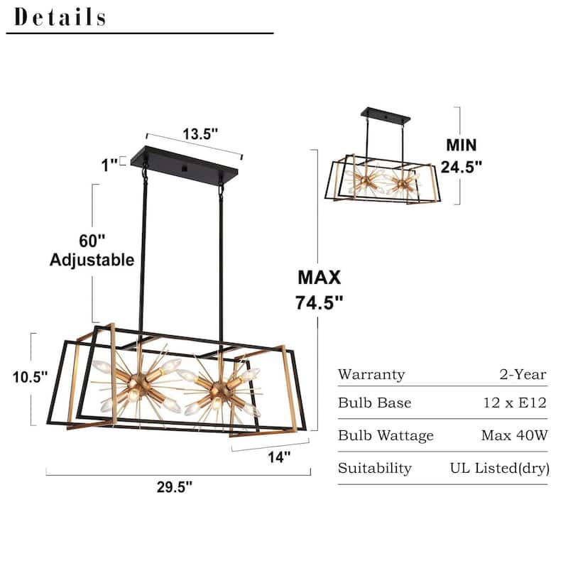 Modern 12-Light Black Gold Sputnik Chandelier Rectangle Island Lights for Dining Room - 29.5" L x 14" W x 10.5" H