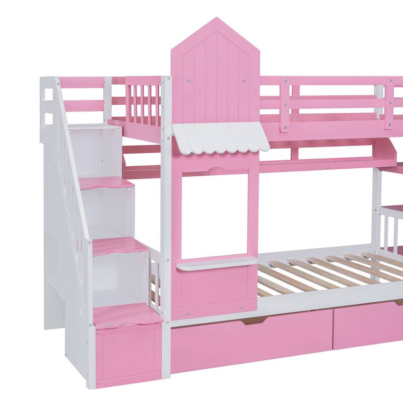 Pink Twin-Over-Twin Castle Bunk Bed with Drawers, Shelves, and Slide