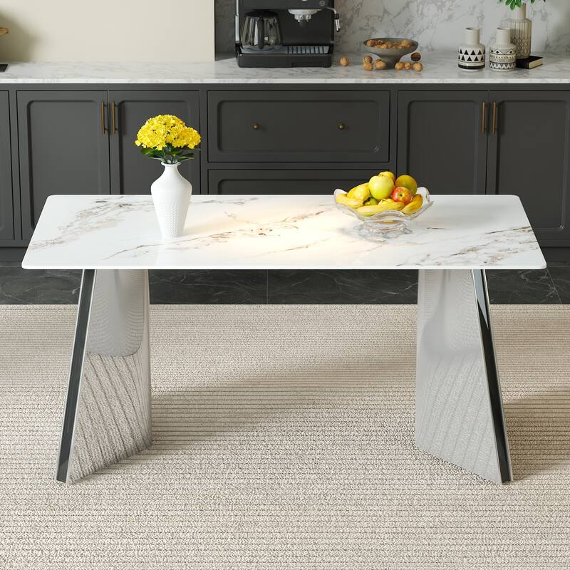 Marble-Patterned Slab Dining Table with Stainless Steel Butterfly Legs，The tabletop is designed to be scratch and heat resistant