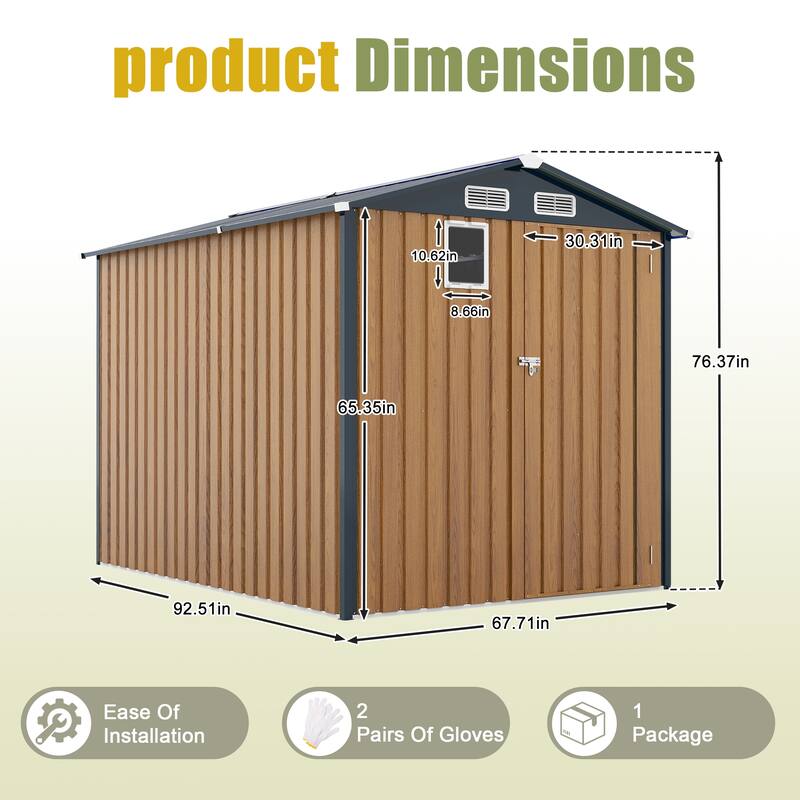 6x8FT Outdoor Steel Storage Shed with Clear Window, Lockable Doors, Compact Metal Tool Shed for Garden