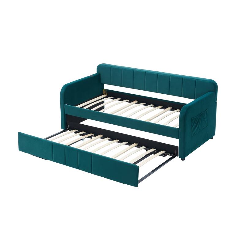 Twin Size Velvet Upholstered Daybed, Wood Sofa Bed Frame Daybed Couch with Trundle Bed and Wood Slat