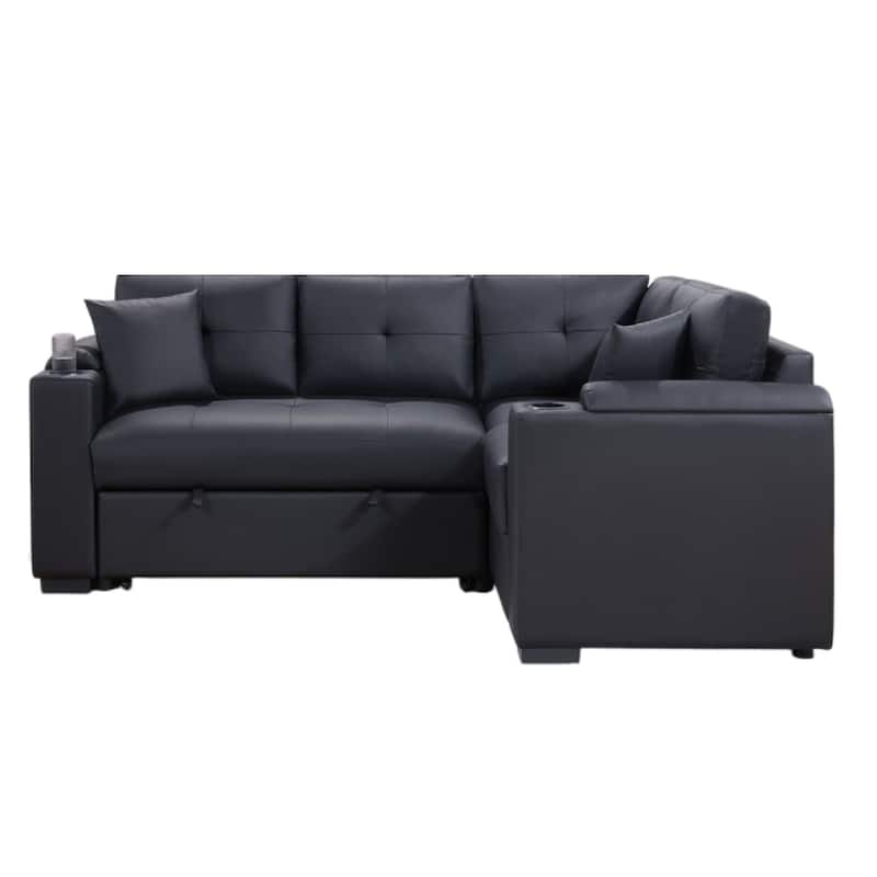 Nov Sectional Sleeper Sofa, 2 Pillows, USB Charger, Black Faux Leather