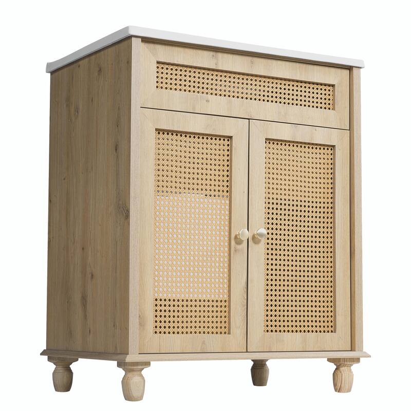 30-Inch Bathroom Vanity with Handwoven Rattan Doors, Solid Wood Legs & Resin Basin