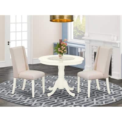 HomeStock 3-Pc Linen White Finish Solid Wood Top - Round Upholstered Dining Room Set - Seats 4