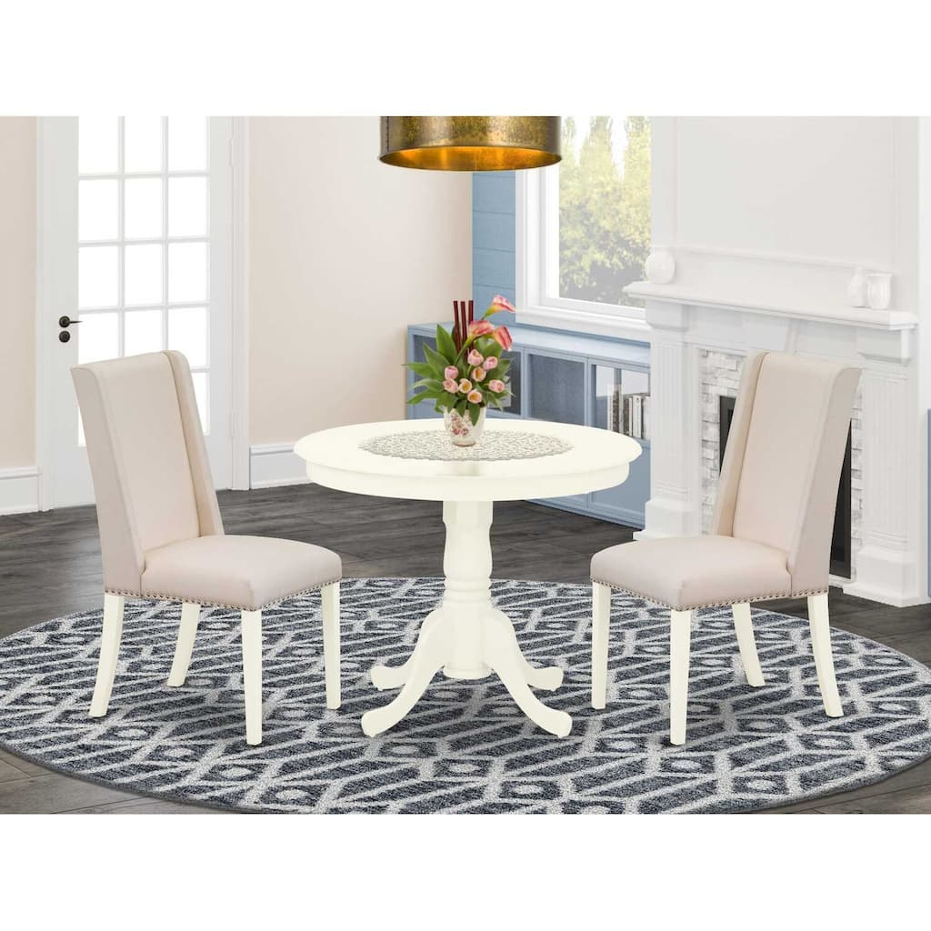 HomeStock 3-Pc Linen White Finish Solid Wood Top - Round Upholstered Dining Room Set - Seats 4