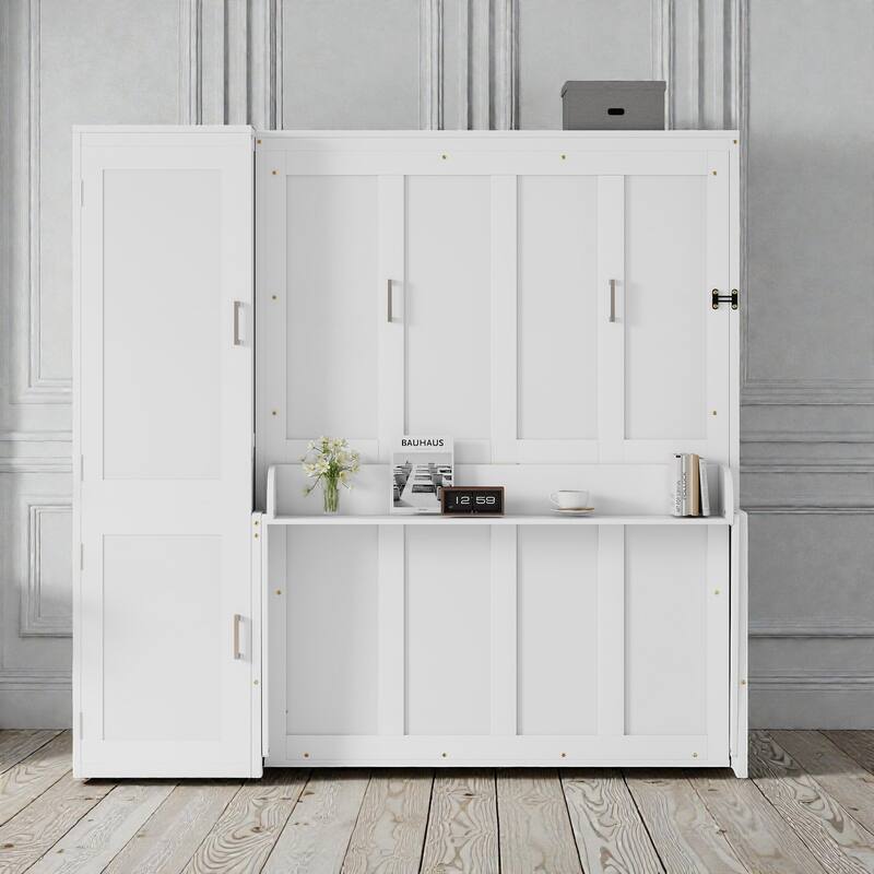 Queen Murphy Bed with Wardrobe and Desk, Space-Saving Wall Bed with Gas Struts and Charging Station - White - Queen