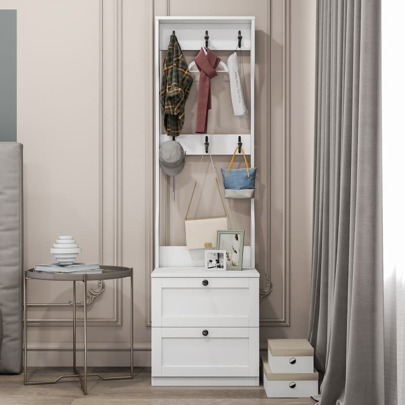 2-in-1 Wood Freestanding Storage Coat Rack and Nightstand with 2 Drawers & 6 Hooks - White - 2-drawer