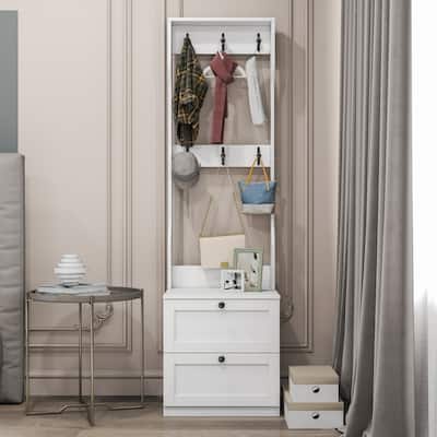 2-in-1 Wood Freestanding Storage Coat Rack and Nightstand with 2 Drawers & 6 Hooks