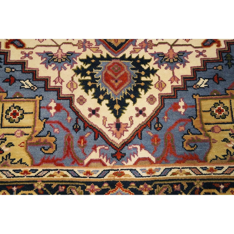 Hand Knotted Oriental 100% Wool Carpet Traditional Medallion Beige & Ivories Heriz (serapi) Area Rug - 9' 11'' X 7' 10''
