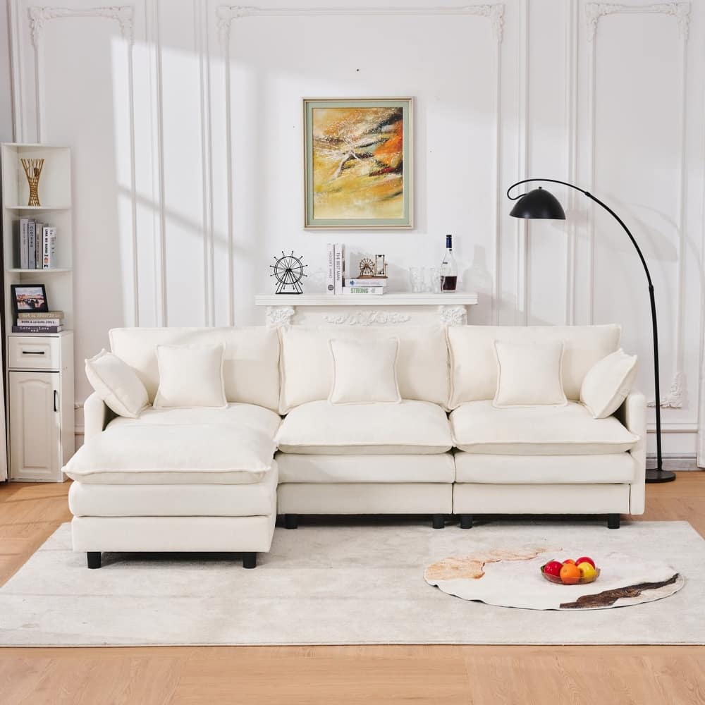 101.9" L-shaped Cashmere Sectional Sofa with Pillows and Movable Ottoman