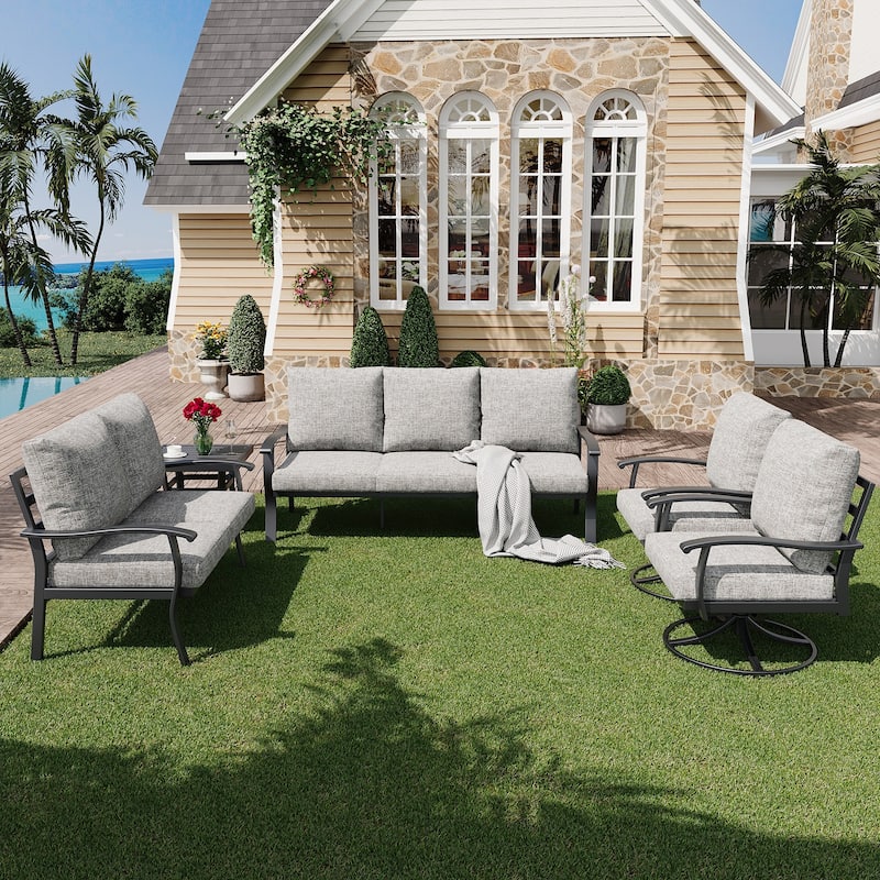 EROMMY Patio Set: 360° Swivel Rockers, Sofa, Ottomans & Table – Outdoor Conversation Set for Poolside, Garden & Deck - 5 PCS - Sofa & Swivel Rocking Chair - Grey