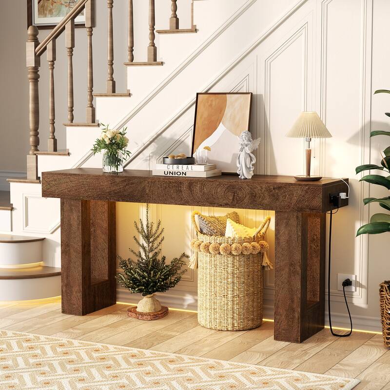63'' Console Table with Motion Sensor Light and Charging Station, Modern Farmhouse Entryway Table